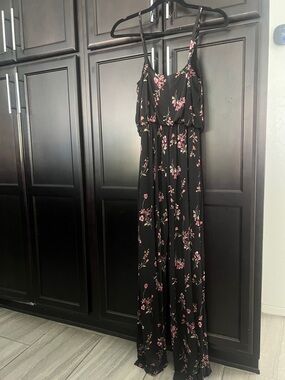 Kaileigh Black Jumpsuit with Pink Floral Print and pockets!